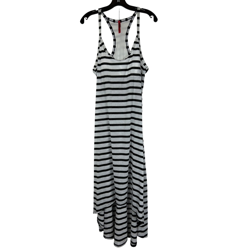 Spanx Mesh Striped Racerback High Low Midi Dress Black White Sporty XL